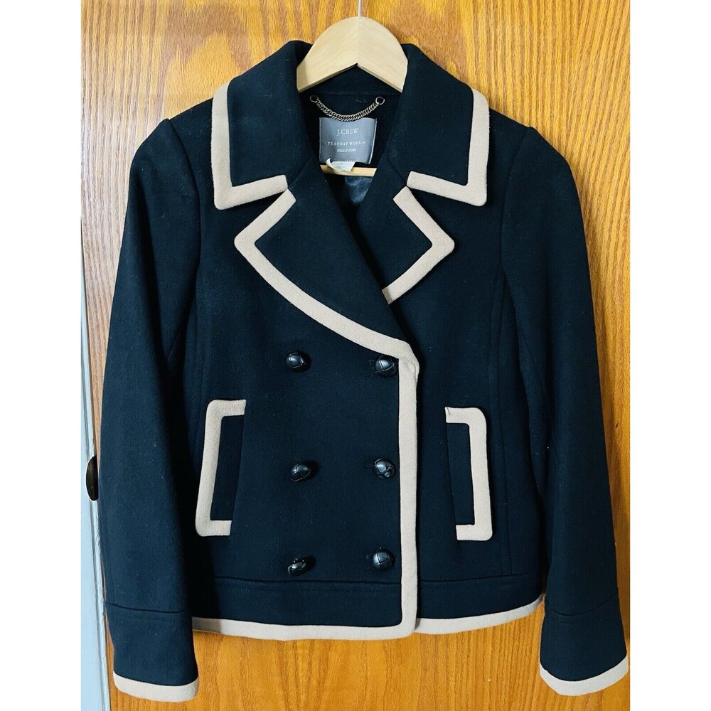 J. Crew Peacoat Wool Black Tan Trim size 2 Academia, Preppy Chic, Office Siren
